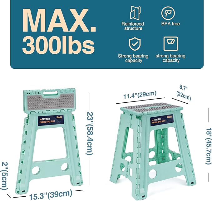 Flottian 18" Folding Step Stool for Adults and Kids Holds Up to 300 lbs,Non-Slip Folding Stools with Handle, Compact Plastic Foldable Step Stool for Bathroom,Bedroom, Kitchen,Teal,1PC