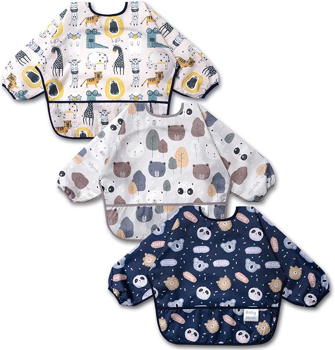 3 Pcs Long Sleeved Bib Set | Baby Waterproof Bibs with Pocket Bundle Toddler Bib with Sleeves and Crumb Catcher 6-24 Months