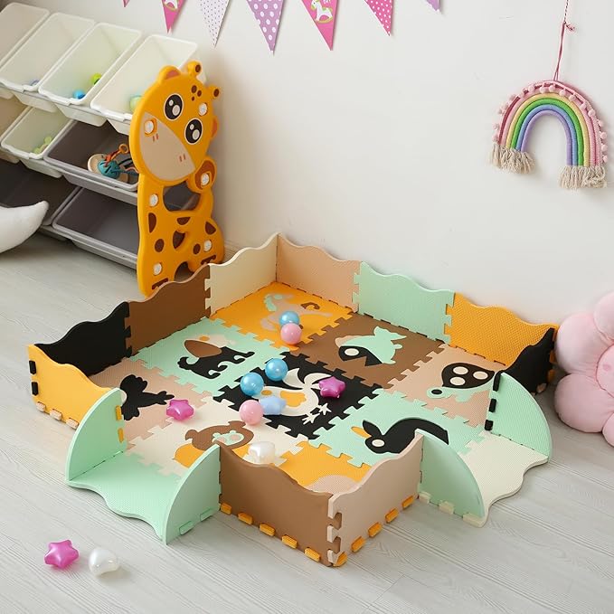 Tamiplay Foam Play Mat for Kids，25Pcs Square Interlocking Puzzle Floor Mat，Baby Play Mat Floor Mat Foam Puzzle Playmat for Toddlers with Fence（Animal-CSH005