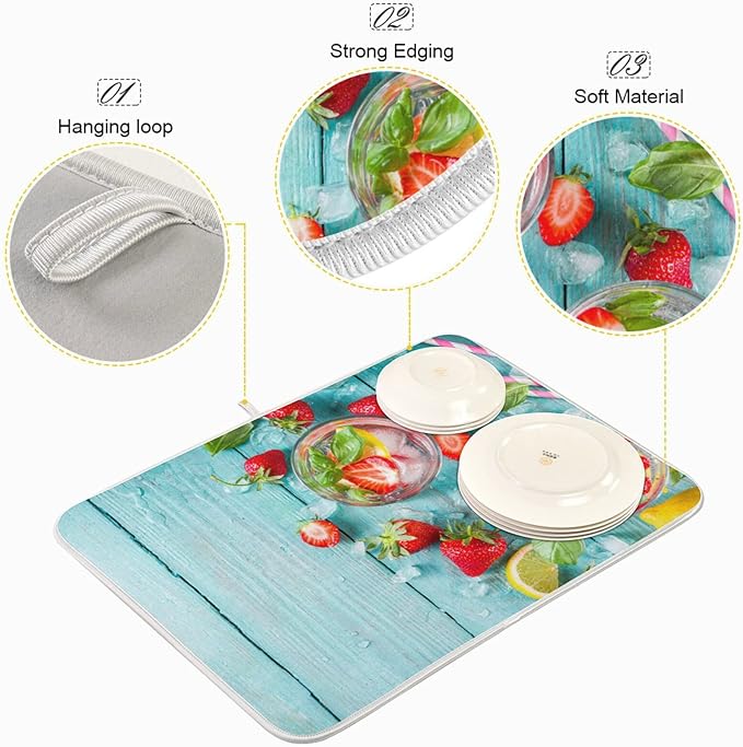 Absorbent Dish Drying Mat for Kitchen Counter - Strawberry Blue Wooden Microfiber Drying Pad, Reversible Drainer Mats for Countertop, Small 16" x 18"