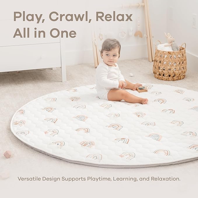 Comfy Cubs Round Kids Play Mat - Large 60 inches Soft Quilted Baby Floor Mat with Non-Slip Bottom - Plush Design for Toddlers' Playtime - Comfortable and Durable - Rainbow
