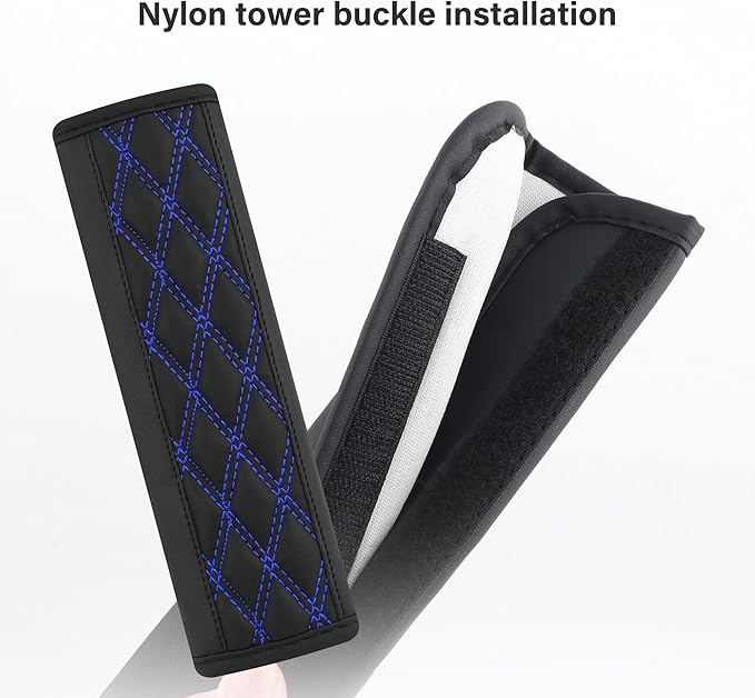 2PCS Car Seat Belt Cover Pads,Leather Seatbelt Covers Protect Shoulder and Neck Car Accessories Interior,Universal Car Seat Strap Pads Car Decorations for Most Cars Trucks (Black/Blue)