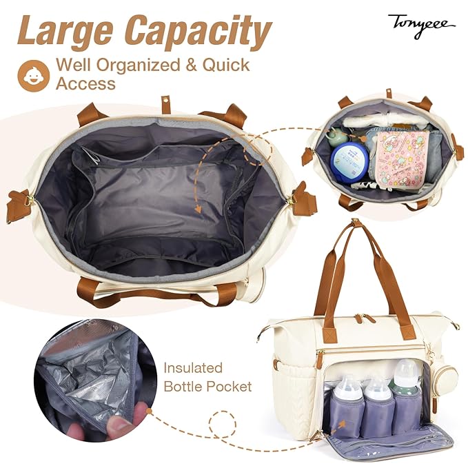 Tonyeee Diaper Bag Tote, Large Baby Diaper Bags Waterproof, Hospital Bag for Labor Delivery with Pacifier Case, Changing Pad, Shoulder Strap, Beige
