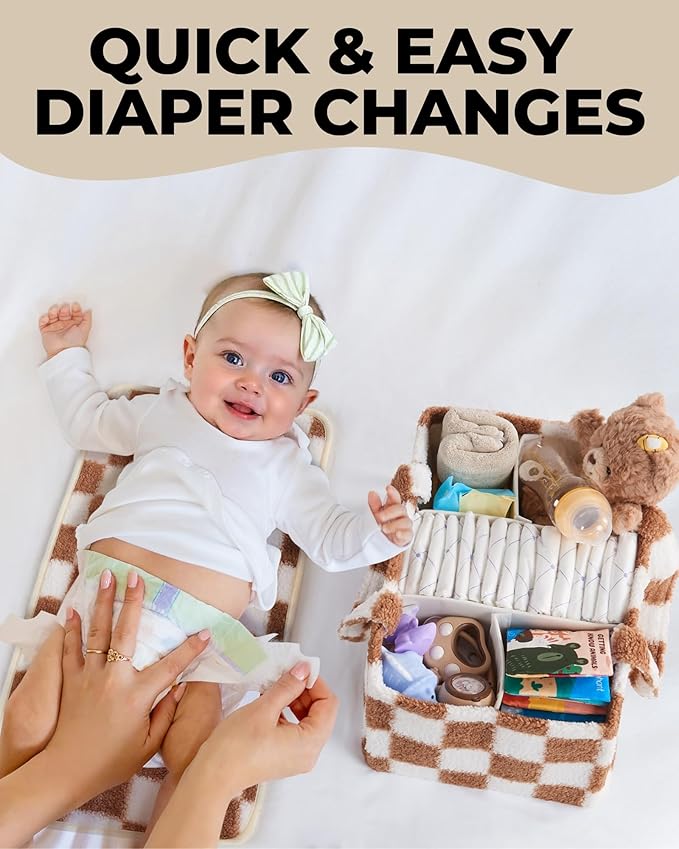 Toodly Checkered Diaper Caddy Organizer with Portable Changing Mat - Teddy Fleece Diaper Organizer for Changing Table - Caddy Organizer with Removable Dividers - Light Taupe and White