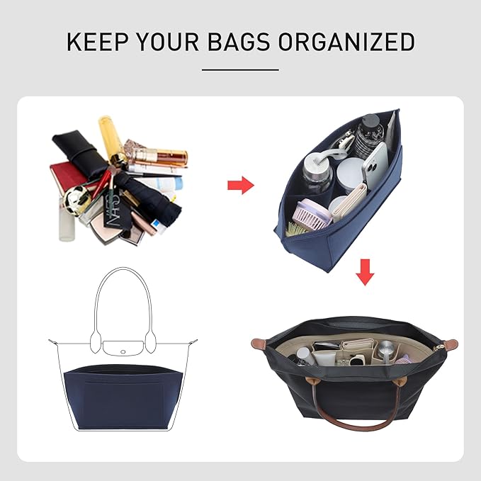 Felt Purse Organizer Insert Compatible with Longchamp Le Pliage M Tote Bag(Long Handle), Zipper Long Champ Medium Organizer with Cup Holder for Tote Handbags, 8 Compartments (Blue,M)