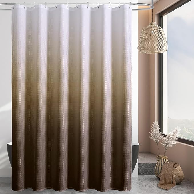 MitoVilla Brown Ombre Shower Curtain 72 x 78, Long Waffle Fabric Shower Curtains for Modern Luxury Bathroom Decor, Heavy Duty Hotel Cloth Shower Curtains 78 inch Long