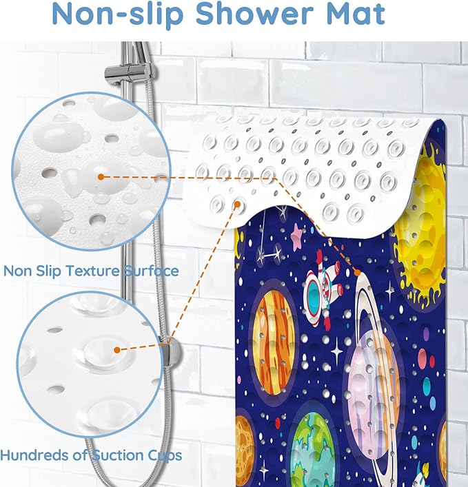 KINUUIS Bathtub Mats for Kids, Blue Outer Space Bath Mat for Tub Non Slip, 40 X 16 Inch Large Washable Bathtub Mat Non Slip for Showers with Drain Holes and Suction Cups