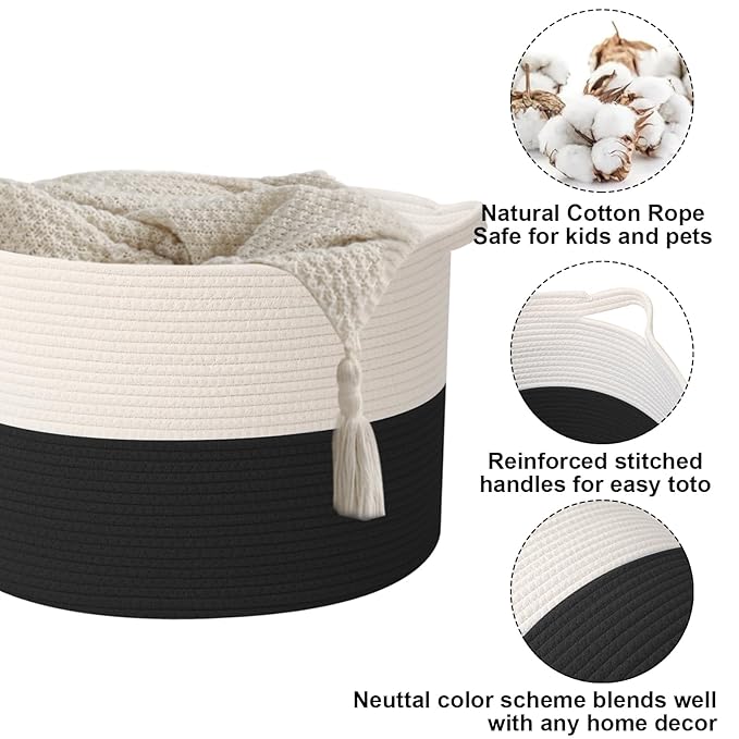 Large Storage Basket with Handle,23.6" x 23.6" x 15.7" Blanket Basket Storage Bins for Organizing,115L Cotton Rope Woven Baskets for Living Room, Nursery,Bedroom,White&Black
