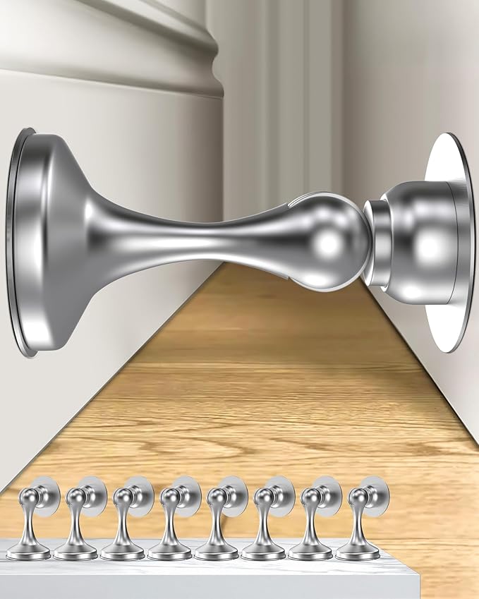 Crosize Magnetic Door Stoppers 8 Pack, Stainless Steel Door Stops for Wall and Floor Mounting, Door Holder Keep Door Open, No Drilling Door Stop with 3D Adhesive Tapes, Silver