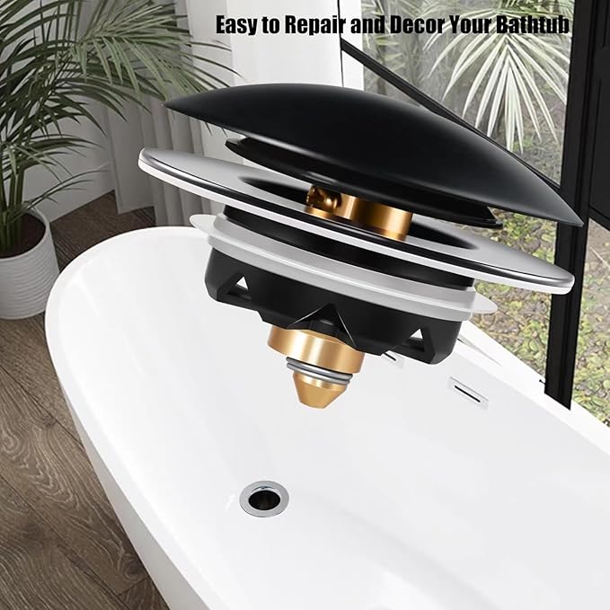 Bathtub Drain Stopper, Pop Up Tub Stopper and Cover, Bottom with Hair Catcher, Universal for 1.45 to 1.8in Drain, Replaces Old Drain Plug, Matte Black
