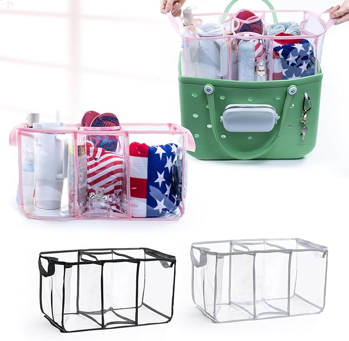 AMOIGEE Clear Beach Bag Organizer Insert with 3pcs Accessories for XL Bogg Bag Inserts - Tote Bag Divider with Sunglasses Holder, Phone Holder and Clips Hooks - Beach Tote Insert Organizer Liner