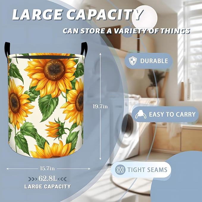 Bright Sunflowers Green Leaves Laundry Basket with Handles, 19.7"x15.7" Clothes Foldable Laundry Hamper Organizer for Dorm Nursery Bedroom Bathroom Decor, Toy Storage Bin for Kids