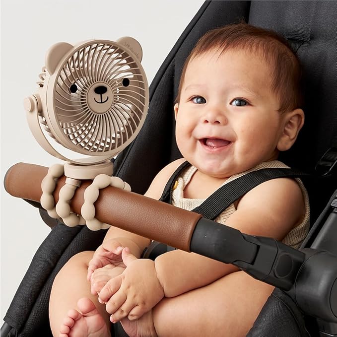 Itzy Ritzy Stroller Accessory - Features 360 Degree Swivel Design, Tilting & Flexible, Easy-Attach Wraparound Legs (Bear) - 3-Speed Stroller Fan