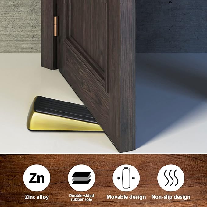 2 Pack Gold Door Stopper - Modern Brass Heavy Duty Door Stop - Large Wedge Holds Doors Firmly and Doesn't Budge - Made of Rubber and Zinc Alloy, Door Weights for Home Premium Door Stopper Office(Gold)