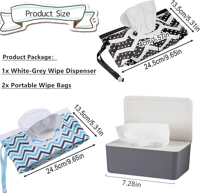 HFHungkeong Wipes Dispenser with 2Pcs Portable Refillable Wipe Holder,Reusable Large Wipe Holder Box Flushable Wipes Case Bathroom Wipes Container for Pet Nursery Kitchen Office Counter(Grey-White)