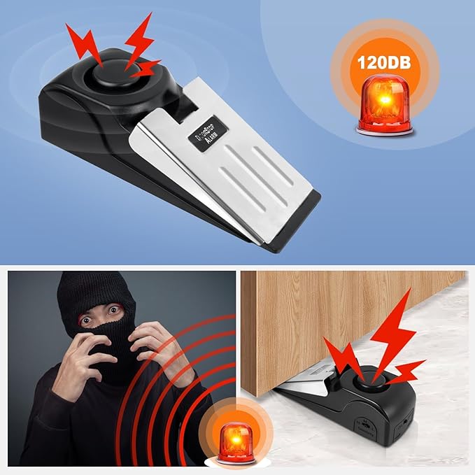 2 Pack Door Stop Alarm with Adjustable Portable Door Lock 120 dB Travel Door Stopper Door Wedge Alarm with 3 Levels Sensitivity for Hotel, Home, Apartment