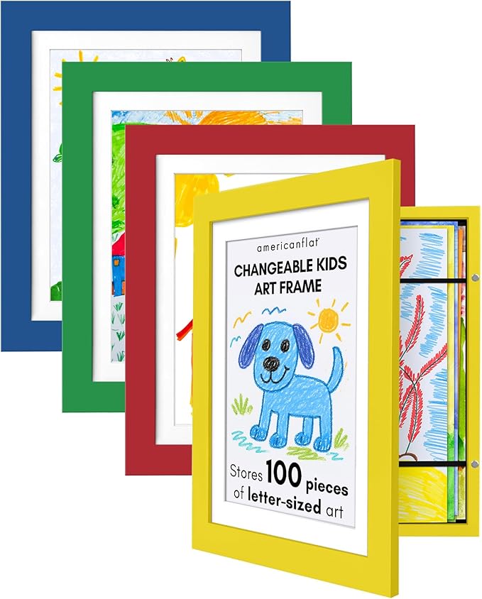 Americanflat - 4 Pack - Kids Artwork Frame Changeable (Multicolor) - Magnetic Door Holds 100 Art Pieces - 8.5x11 Letter Size Display with Mat or 10x12.5 Without Mat - My Mini Masterpiece
