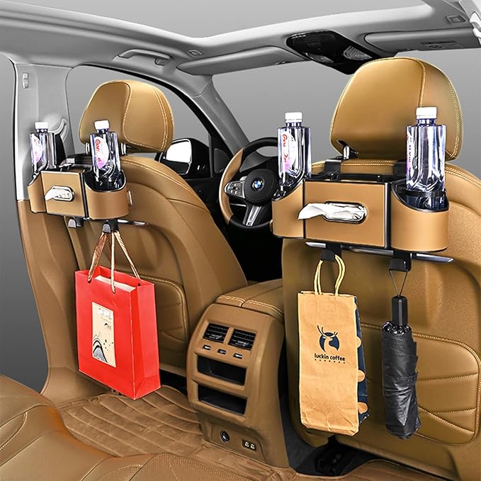 Back Seat Car Organizer,4 in 1 Multifunctional Car Back Seat Storage Box with Drink Cup Holder Tissue Box, for Hold Phone,Snacks, Drinks, Handbag-Light Brown
