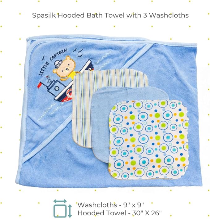 Spasilk Hooded Bath Towel and Washcloths Set for Newborns, 1 Soft Terry Baby Towel and 3 Baby Washcloths, Baby Essentials, Ideal, One Size, Blue Sailor