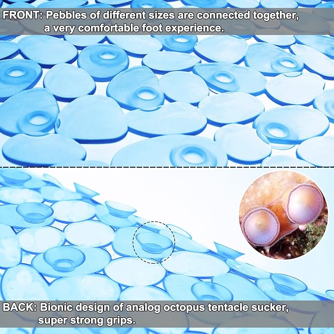 Bath Tub and Shower Mats, Non-Slip Pebble Bath Mat, 35 x 16 Inches Machine Washable Bathtub Mat with Drain Holes, Suction Cups for Bathroom (Clear Blue)