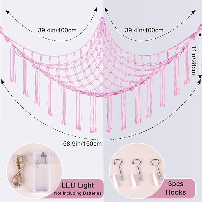 Basumee Stuffed Animals Net or Hammock with LED Light, Hanging Stuffed Animals Storage Toy Hammock Net Corner Wall Girls Room Decor Toy Storage Organizer, Pink, L