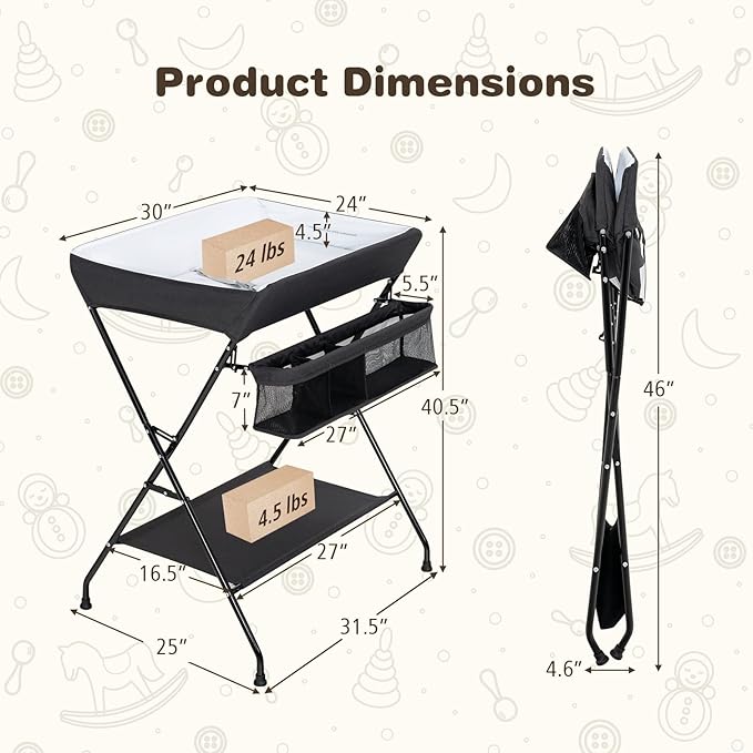 Costzon Changing Table, Portable Baby Changing Table Foldable Diaper Changing Station with Safety Belt, Large Storage Rack & Shelf, Nursery Organizer for Newborn Infant (Black)
