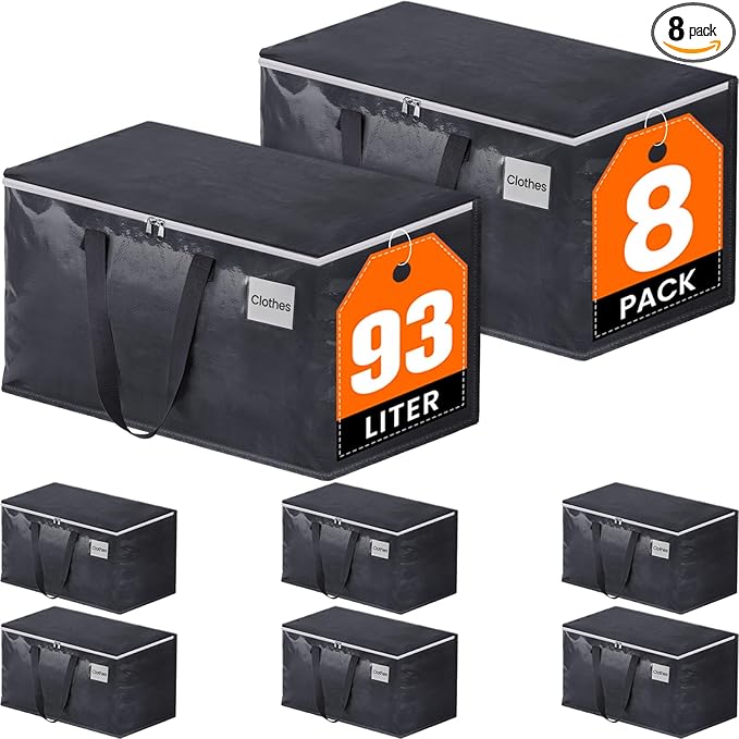 Moving Boxes Heavy Duty Moving Bags with Strong Zippers and Handles Collapsible Moving Supplies, Storage Totes for Packing & Moving Storing 93L,8-Pack