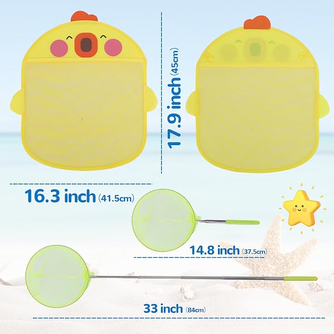 Mesh Bath Toy Organizer & Scoop Set, Cute Bathtub Toy Organizer Net + Bath Toy Scoop + 2 Strong Hooks for Kids & Toddlers Shower Bath Toy Storage