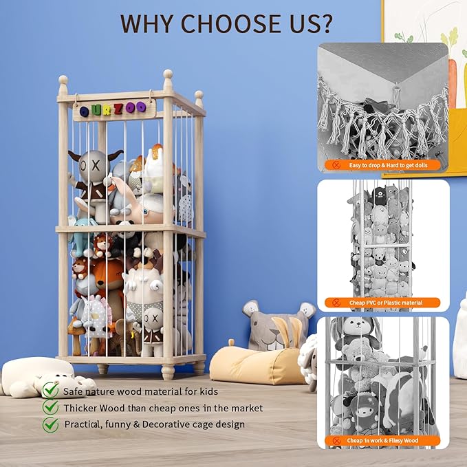 Stuffed Animal Storage Wood Toy Storage Organizer, Upgraded Design from Bean Bag Stuffed Animal Hammock Plushie Net, Large Toy Chest Stuffed animal holder for Kids Nursery Playroom Bedroom （L）