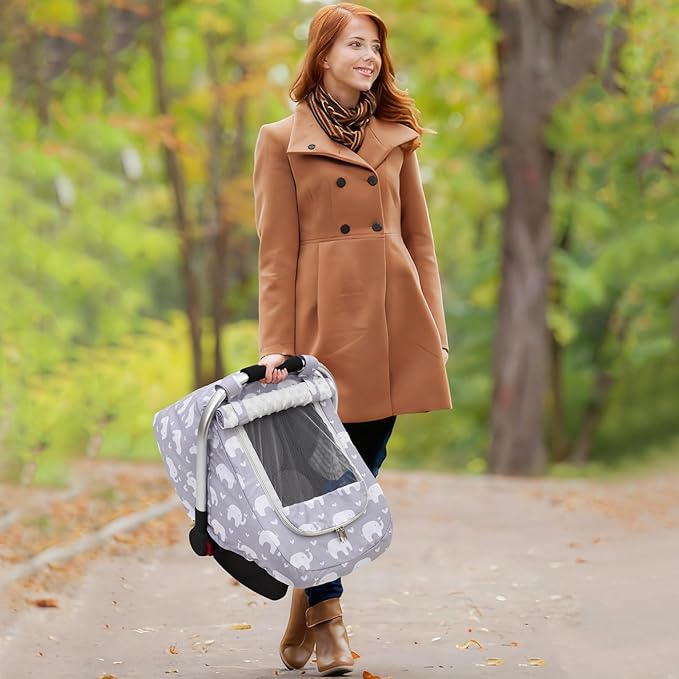 Baby Car Seat Cover, Mink Warm Infant Car Seat Cover for Girls Boys, Universal Carseat Cover with Mesh Peep Window & Sun Shade, Baby Carrier Canopy Cover for Winter Autumn