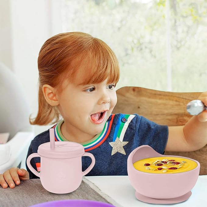 Dormlony 100% Silicone baby feeding set,BPA free Baby dishes set with Suction Bowl Divided Plate,Toddler Self Feeding Dish Set with Spoons Forks Sippy Cup And Bib, Baby Eating Utensils (Lilac)