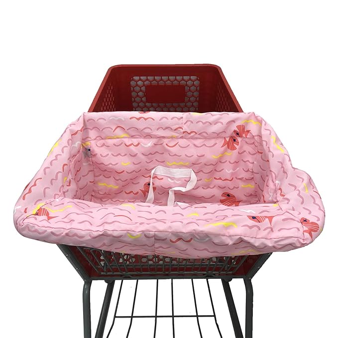 Portable Shopping Cart Cover, High Chair and Grocery Cart Covers for Babies, Kids, Infants & Toddlers, Attached Carry Bag (Simple Pink Fish)