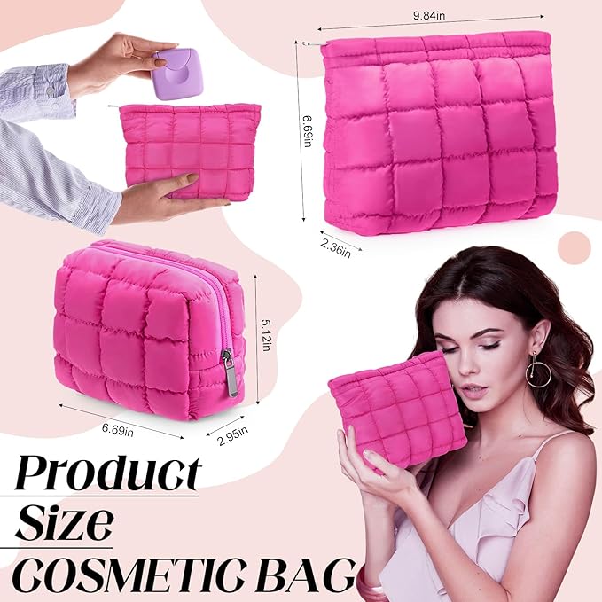 2 Pcs Puffy Makeup Bag Quilted Cosmetic Pouch for Women Cute Checkered Travel Toiletry Bag Puffer Makeup Organizer Purse Pouch Preppy Pencil Case with Zipper(Hot Pink)