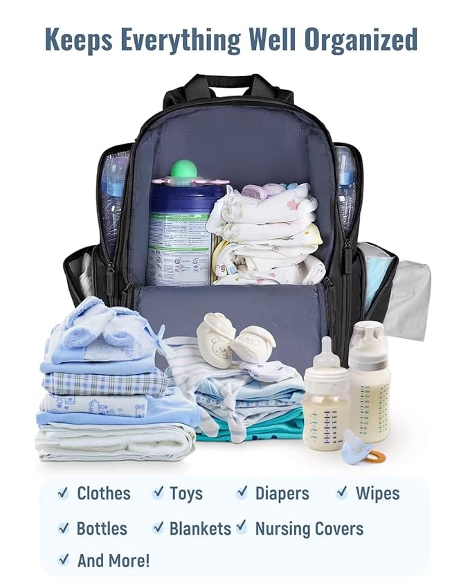 Mancro Diaper Bag Backpack, Multifunctional Dad Diaper Bag with 2 Side Insulated Pockets, Travel Water Resistant Baby Diaper Backpack for Men Women with Stroller Straps, Black