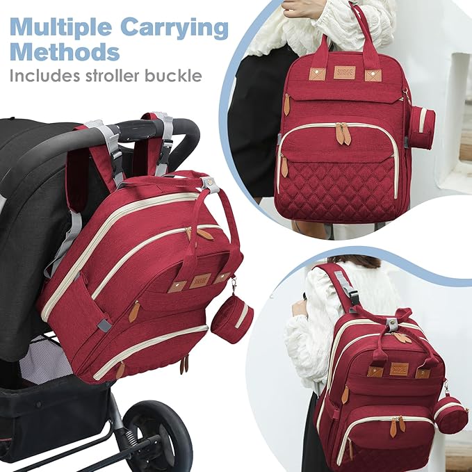 JSTPRO Diaper Bag Backpack, Large Diaper Bag with Changing Station, Baby Bag, New Mom Gifts, Lightweight Waterproof Unisex Diaper Bag with Insulated Pockets and USB Charging Port, Red
