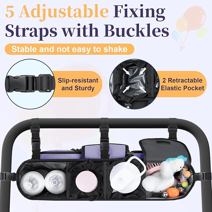 Double Stroller Organizer Compatible with Bob Duallie and Baby Jogger City Mini GT2, Double Baby Stroller Accessories with Cooler Bag, Parent Console Double Jogging Stroller Caddy, Purple