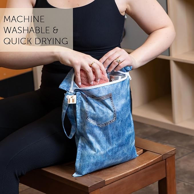 Bumkins Roamio Waterproof Wet Bag for Baby, Travel, Swim Suit, Cloth Diapers, Pump Parts, Pool, Beach, Gym Clothes, Toiletry, Hook to Stroller, Daycare, Zipper Wetdry Packing Pouch, Faux Pocket Denim