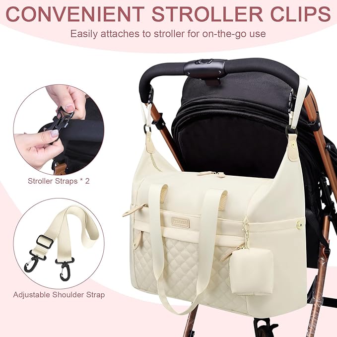 Pritent Diaper Tote, Baby Bags with Pacifier Case, Shoulder Straps, Stroller Clips, Waterproof Mommy Bag - Medium, White