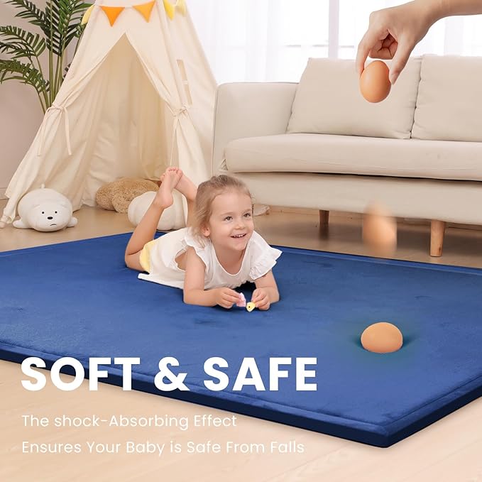 Huloo Sleep Ultra Soft Baby Play Mat for Floor, 1.3" Thick Elasti-Foam 59x59 Play Mat for Playpen,Water-Repellent Coral Velvet for Tummy Time, Non-Slip Backing,Safe for Toddlers & Infants（Dark Blue）