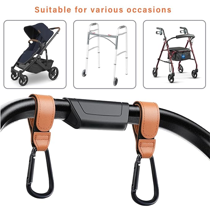 4 Pcs Leather Stroller Hook, Mommy Stroller Clip, Stroller Accessories Organizer Hook, Metal Hook for Strollers/Walkers/Mobility Scooter/Wheelchair/Rollator(Black)