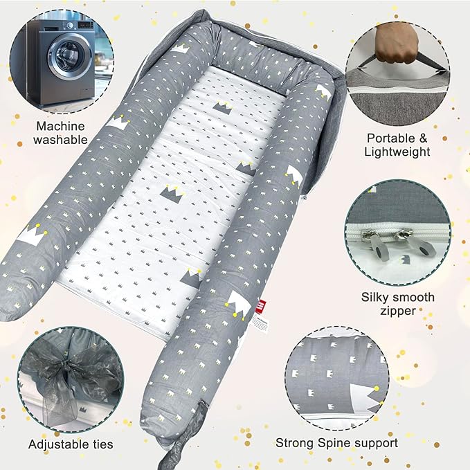 UGRASEA Baby Lounger, Foldable Portable Infant Lounger, Soft Breathable Baby Nest Cover, Suitable for 0-24 Months Newborn Baby Lounger,Home Travel Dual-Purpose Baby Nest(Grey)