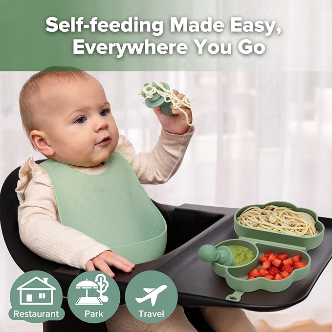 haakaa Cloud Crew Silicone Travel Baby Feeding Set with Foldable Suction Baby Plate, Silicone Bib, Baby Spoon and Fork, Waterproof Travel Bag, 6M+