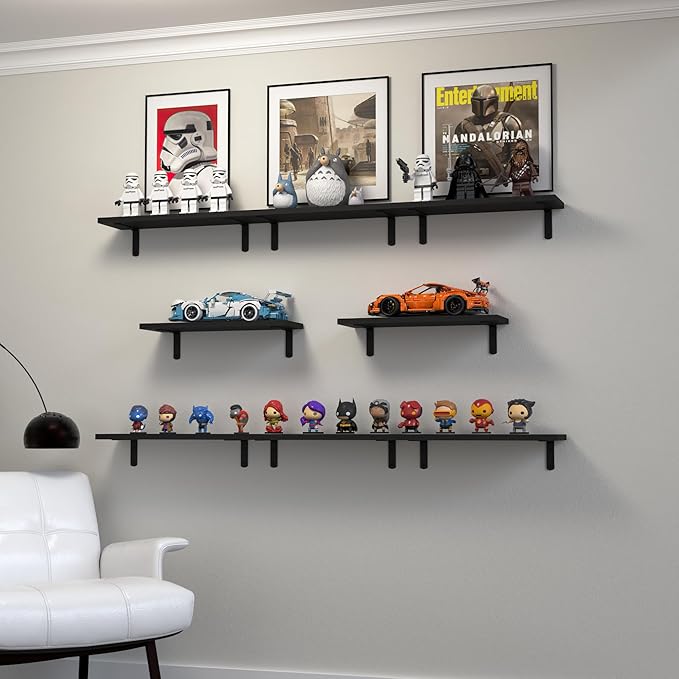 Floating Shelves, 8 Sets Wooden Floating Shelves for Bedroom & Bathroom Wall Decor, Floating Book Shelf Living Room Black