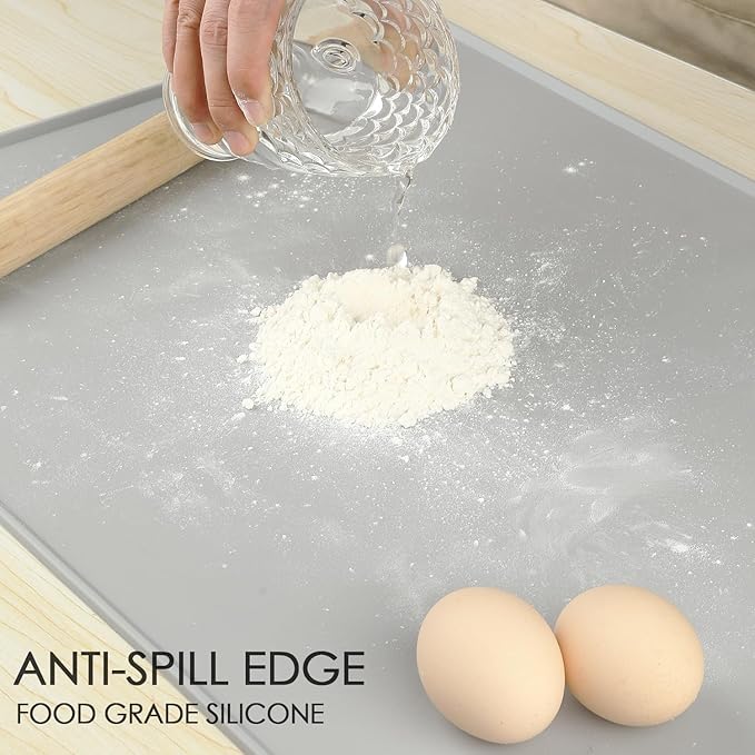 Gray Baking Mat -Food Grade Standard Silicone Mat for Kids Dinner Placemat Reusable Kitchen Countertop Mats Dough Pad with Raised Edges Heat Resistant Mat for Air Fryer (1Pack 23.6'' x 15.7'')