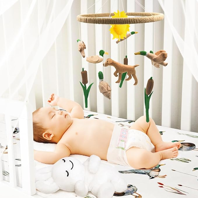 Baby Mobile for Crib Mallard Duck Baby Crib Mobile for Boys Girls Handmade Felt Dog Nursery Decor Duck Hunting Decor Infant Toddler Room Hanging for Bassinet Gender Neutral Newborn Gift