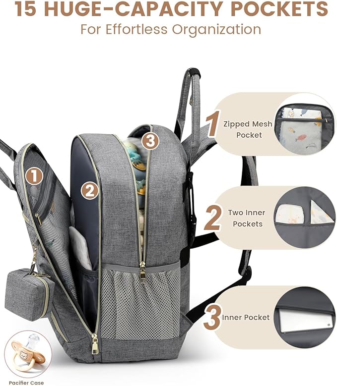 Pritent Diaper Bag Backpack,Baby Essentials Diapers Bag with Pacifier Case,Multipurpose Stylish Large Capacity Travel Backpack for Baby Girl/Boy(L-Grey)