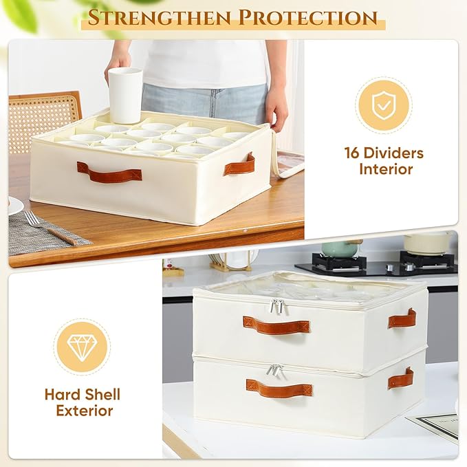 Foyego 2 Pack Coffee Mug Storage Box with Dividers, Stackable China Storage Containers with Lid, Zipper, and Handles for 32 Coffee Mugs and Cups, Mug Storage Organizer for Packing & Moving, Beige
