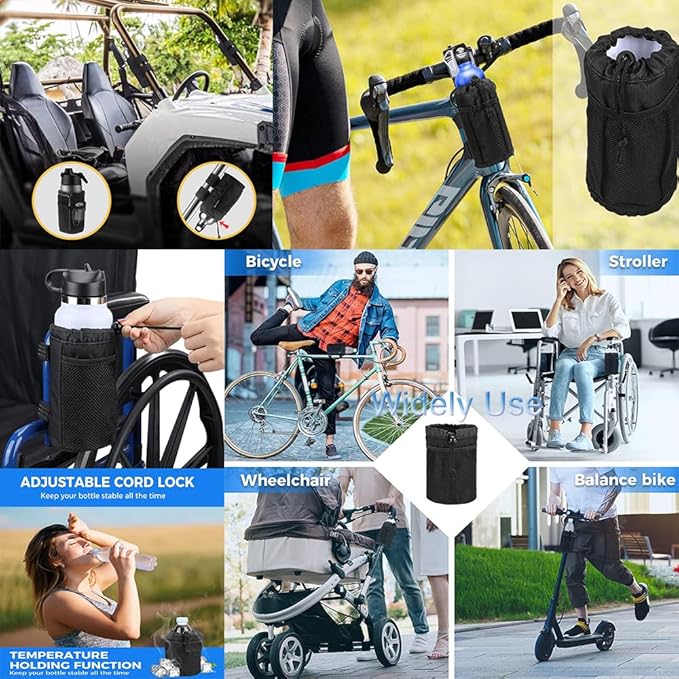 [2 Pack] Cup Holder for Bike,Scooter and Wheelchair,Water Bottle Holder for Walker,Golf Cart and Beach,Universal Drink Holder Accessories with Net Pocket and Cord Lock