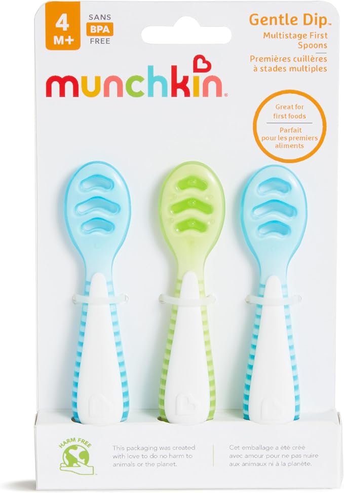Munchkin® Gentle Dip™ Baby Spoons for Self Feeding and Baby Led Weaning, 3 Pack, Blue/Green