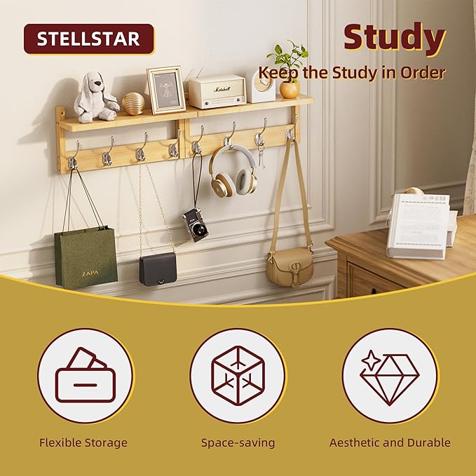 STELLSTAR Coat Rack with Shelf, 2 Pack Bamboo Wall-Mounted Coat Hanger with 8 Hooks for Entryway, Hallway, Kitchen, Bathroom, Living Room, Utility Room (Natural)